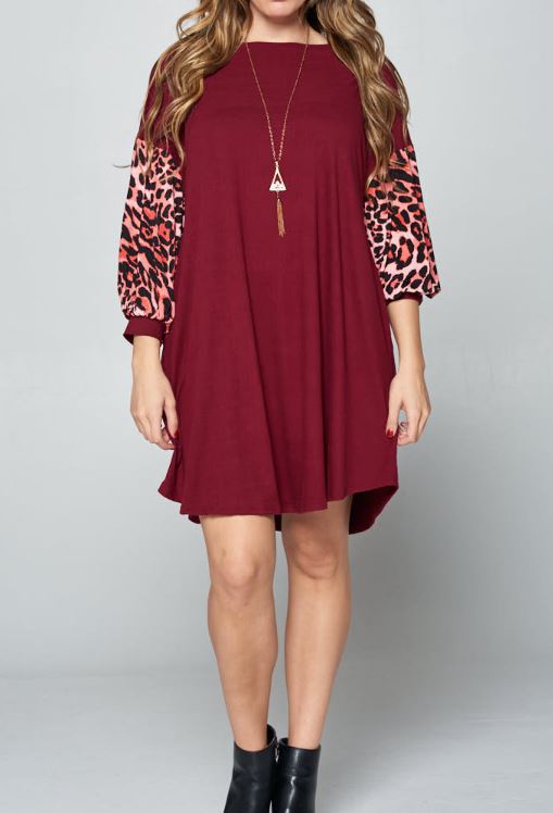 PLUS - Animal Print Sleeves Swing Dress - gkbrandclothing