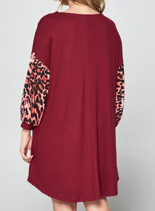 PLUS - Animal Print Sleeves Swing Dress - gkbrandclothing